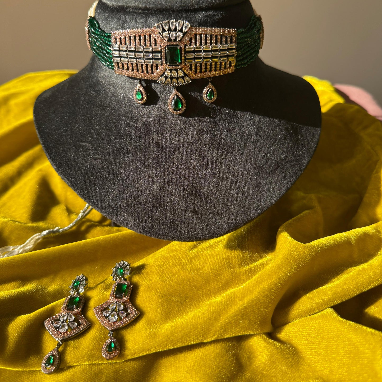 Rakhi Gift Edit for Sister - Zirconia Choker Set (Green)