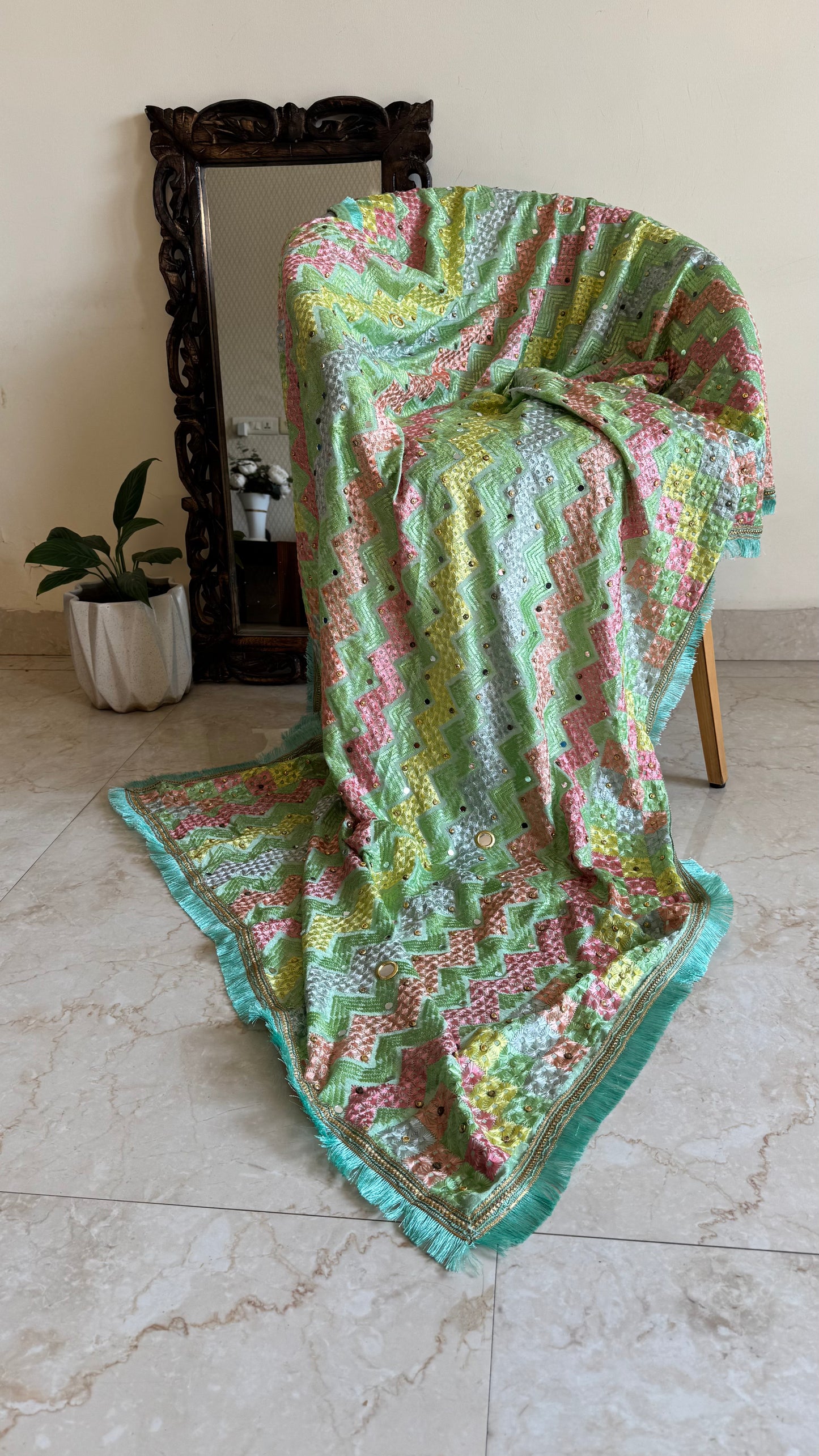 Mint Green Zigzag Pattern Phulkari Dupatta