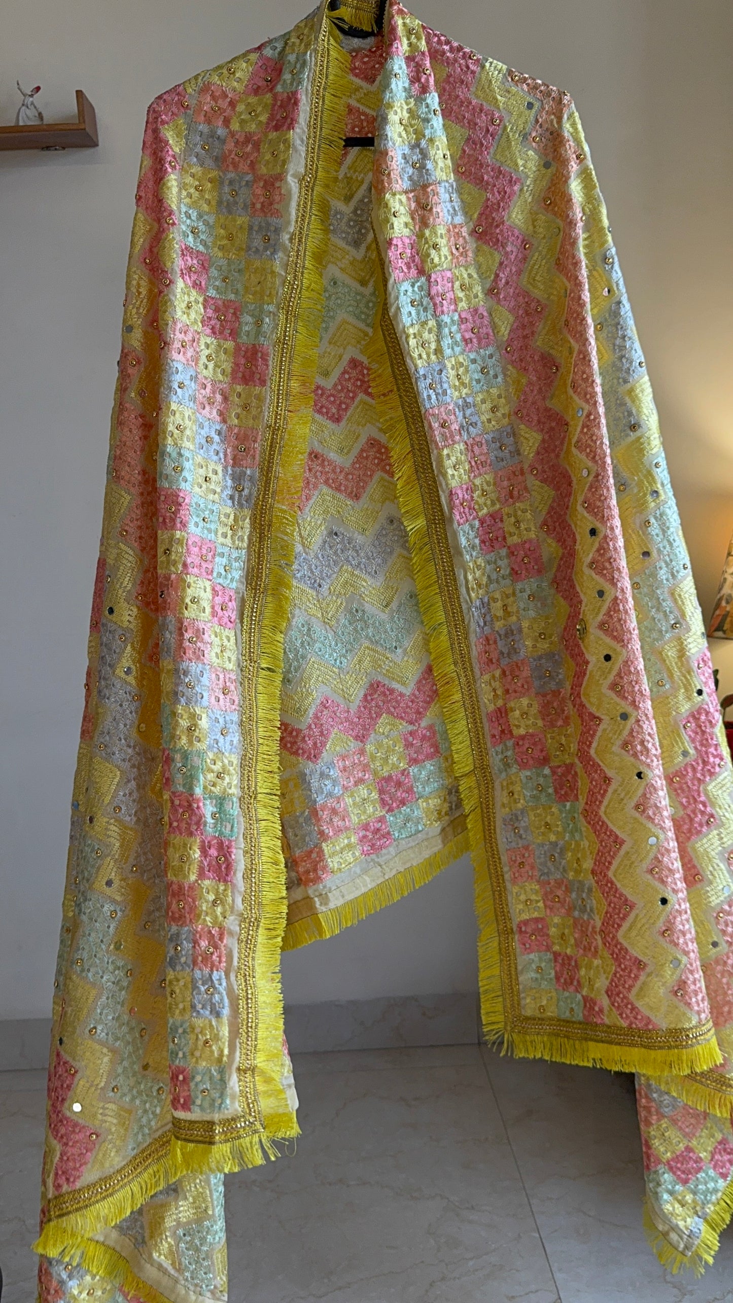 Lemon Yellow Zigzag Pattern Phulkari Dupatta