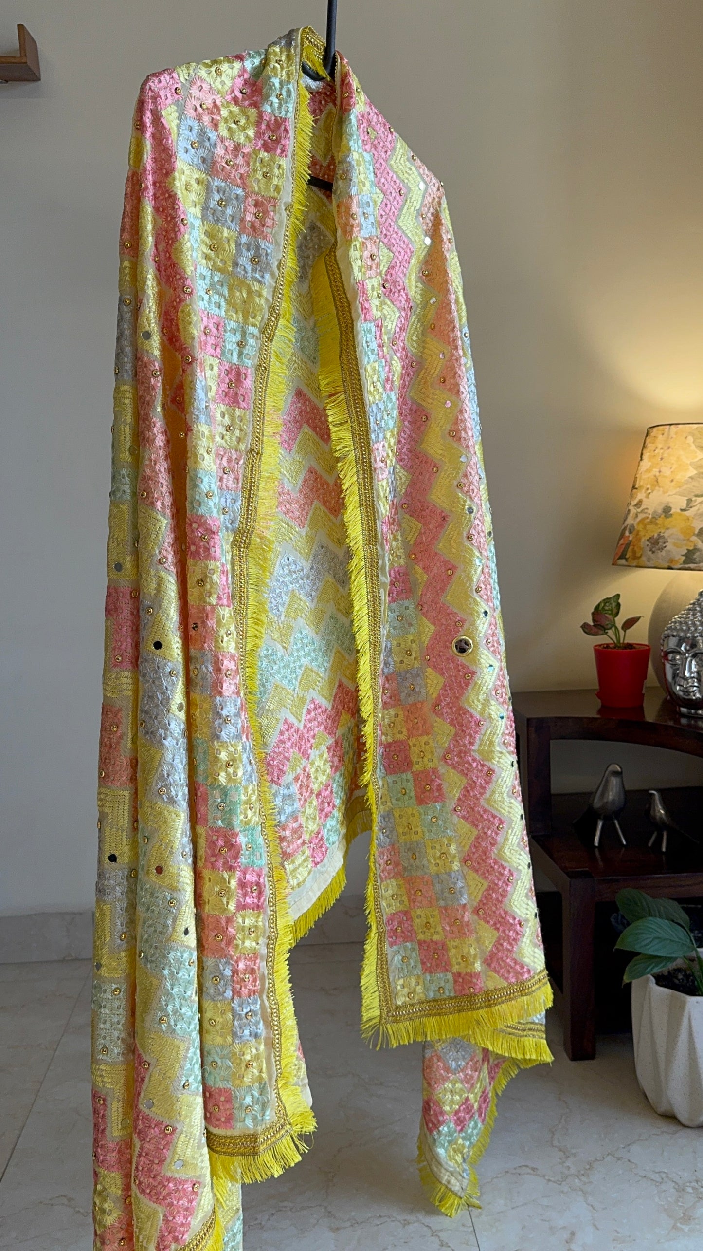 Lemon Yellow Zigzag Pattern Phulkari Dupatta