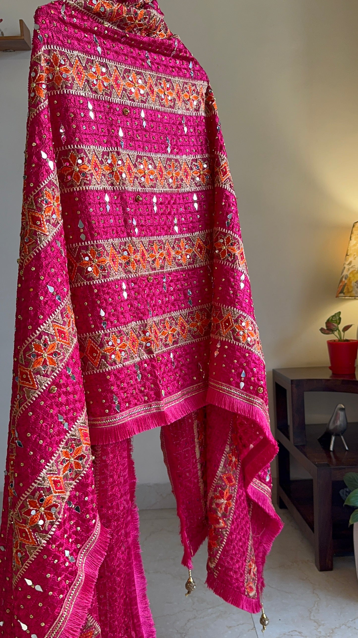 Magenta Floral Pattern Phulkari Dupatta with Mirror Work