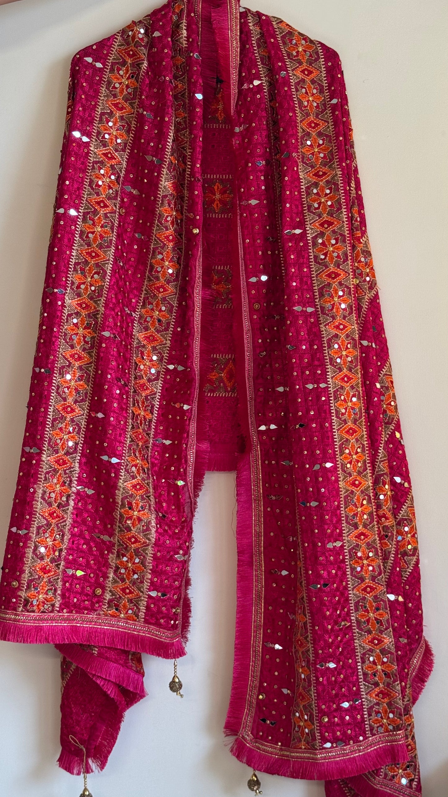 Magenta Floral Pattern Phulkari Dupatta with Mirror Work