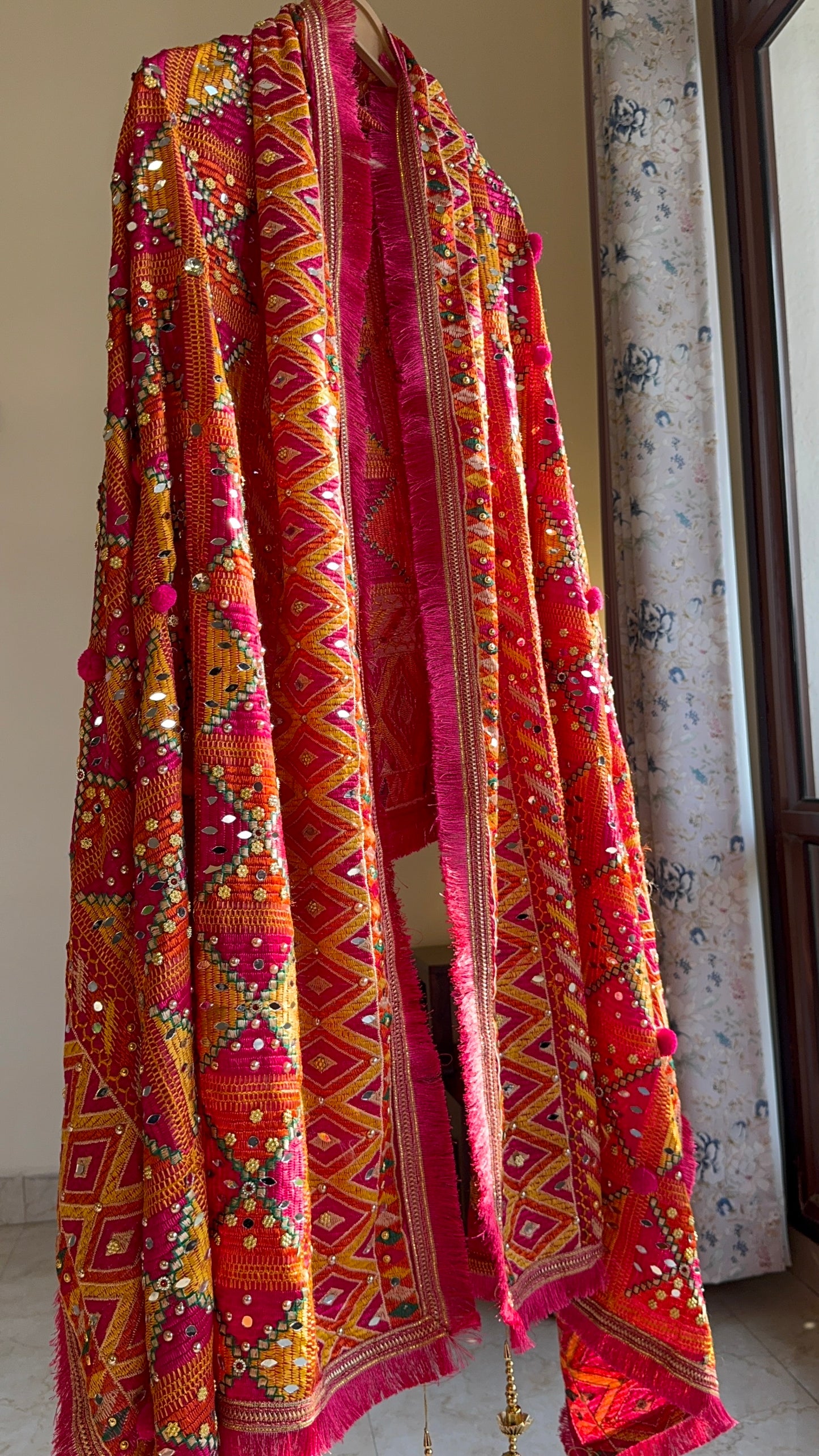 Multicolored Pom-Pom Phulkari Dupatta with Mirror Work