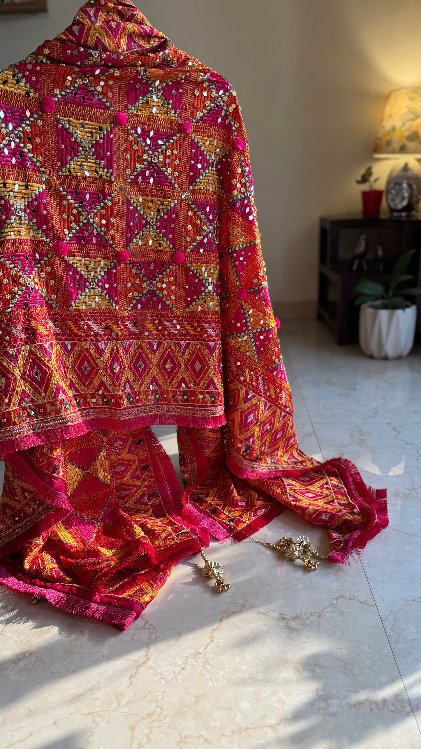 Multicolored Pom-Pom Phulkari Dupatta with Mirror Work