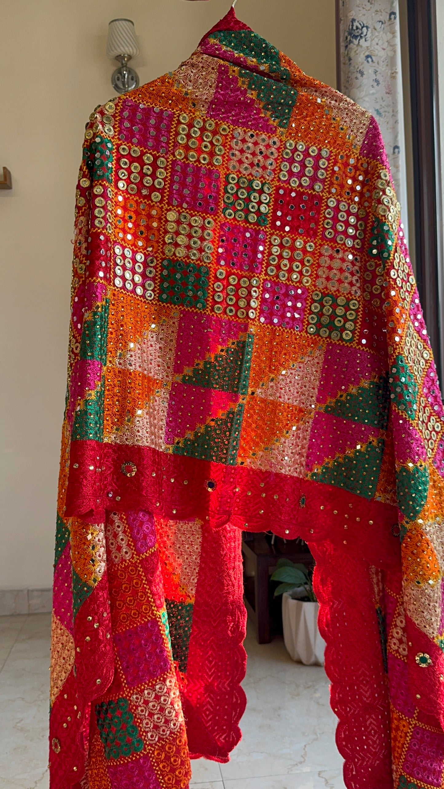 Multicolored Phulkari Dupatta with Red Scalloping