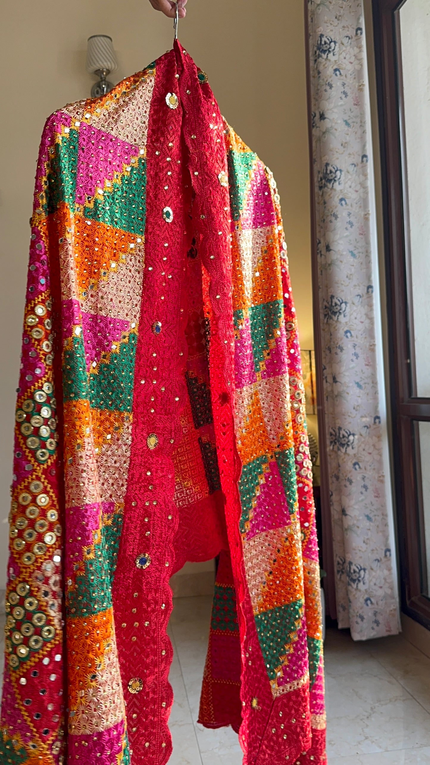Multicolored Phulkari Dupatta with Red Scalloping