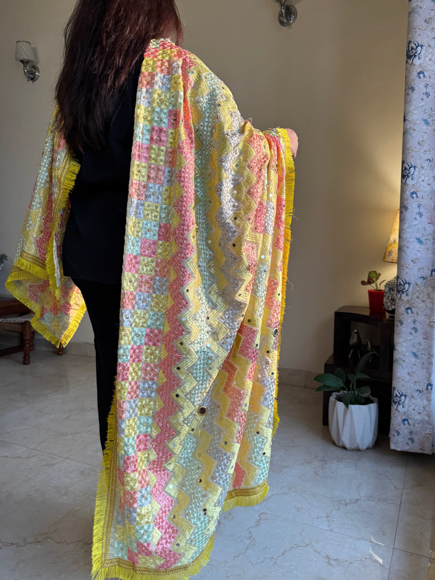 Lemon Yellow Zigzag Pattern Phulkari Dupatta