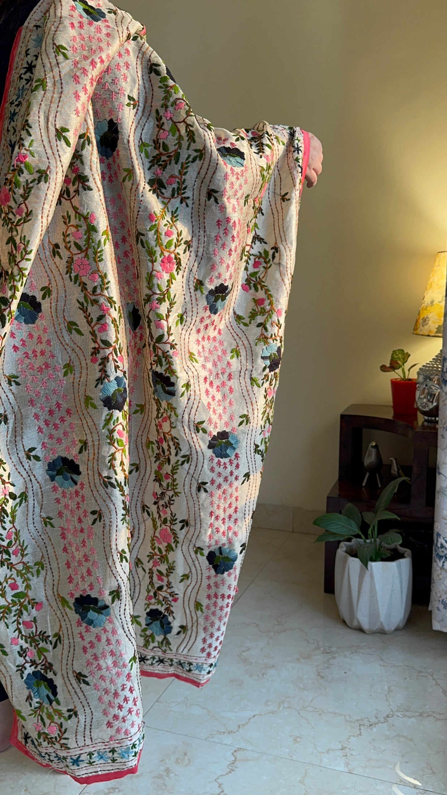 Off-White Chanderi Cotton Jaal Phulkari Dupatta