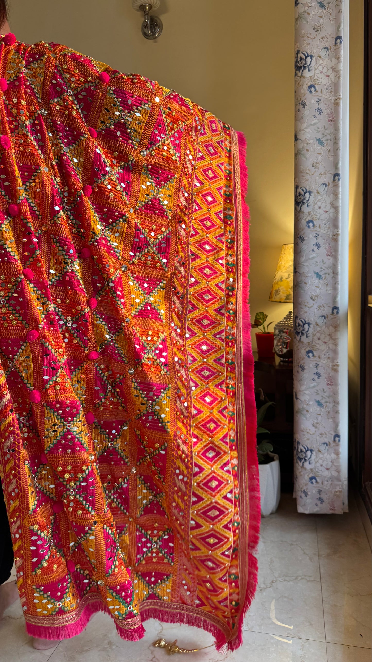 Multicolored Pom-Pom Phulkari Dupatta with Mirror Work