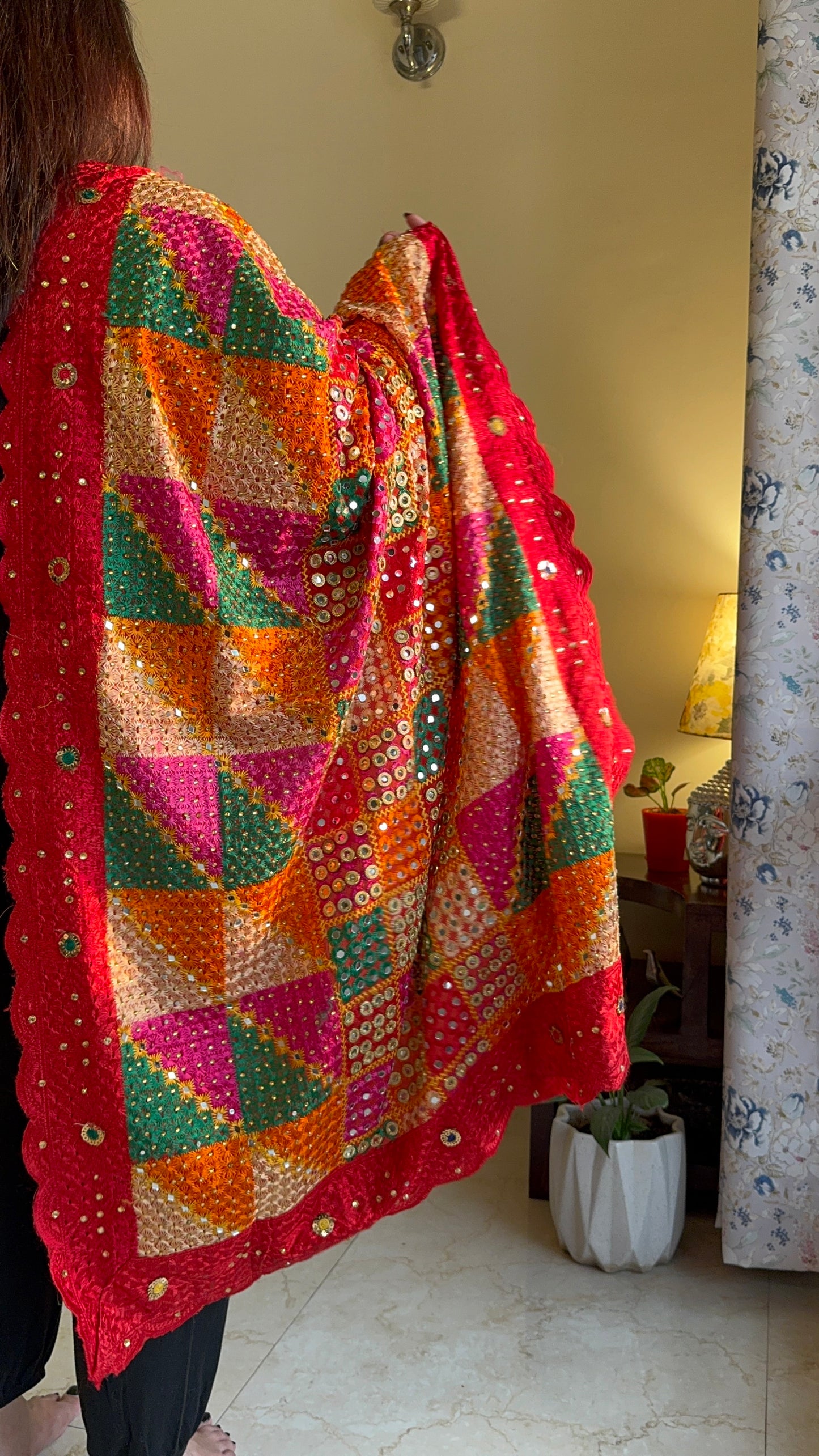 Multicolored Phulkari Dupatta with Red Scalloping