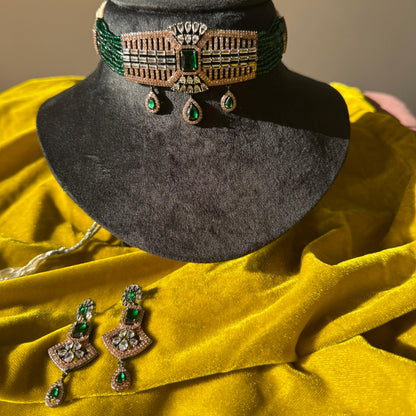 Rakhi Gift Edit for Sister - Zirconia Choker Set (Green)