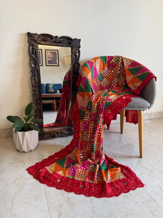 Multicolored Phulkari Dupatta with Red Scalloping