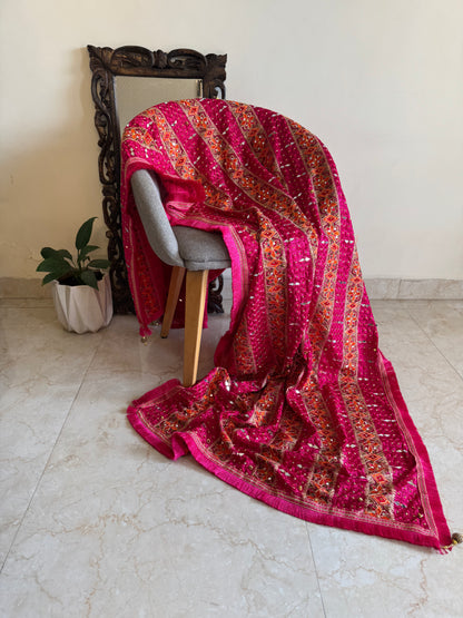 Magenta Floral Pattern Phulkari Dupatta with Mirror Work