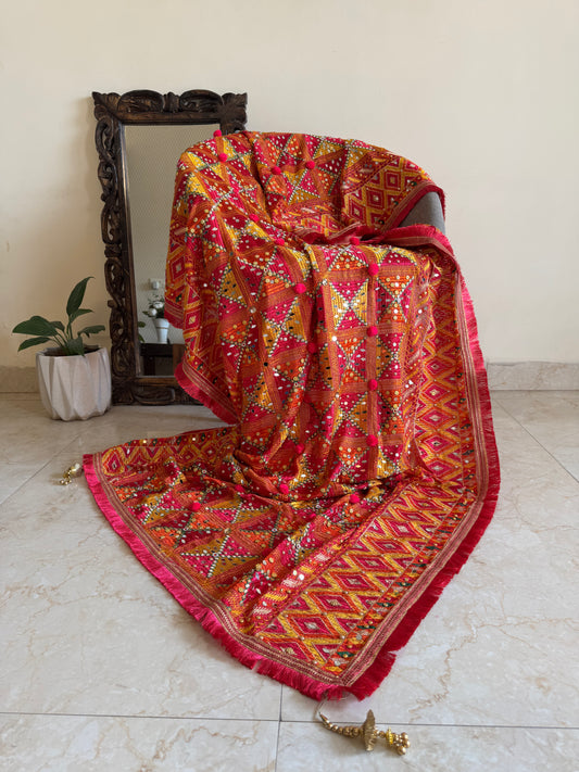 Multicolored Pom-Pom Phulkari Dupatta with Mirror Work
