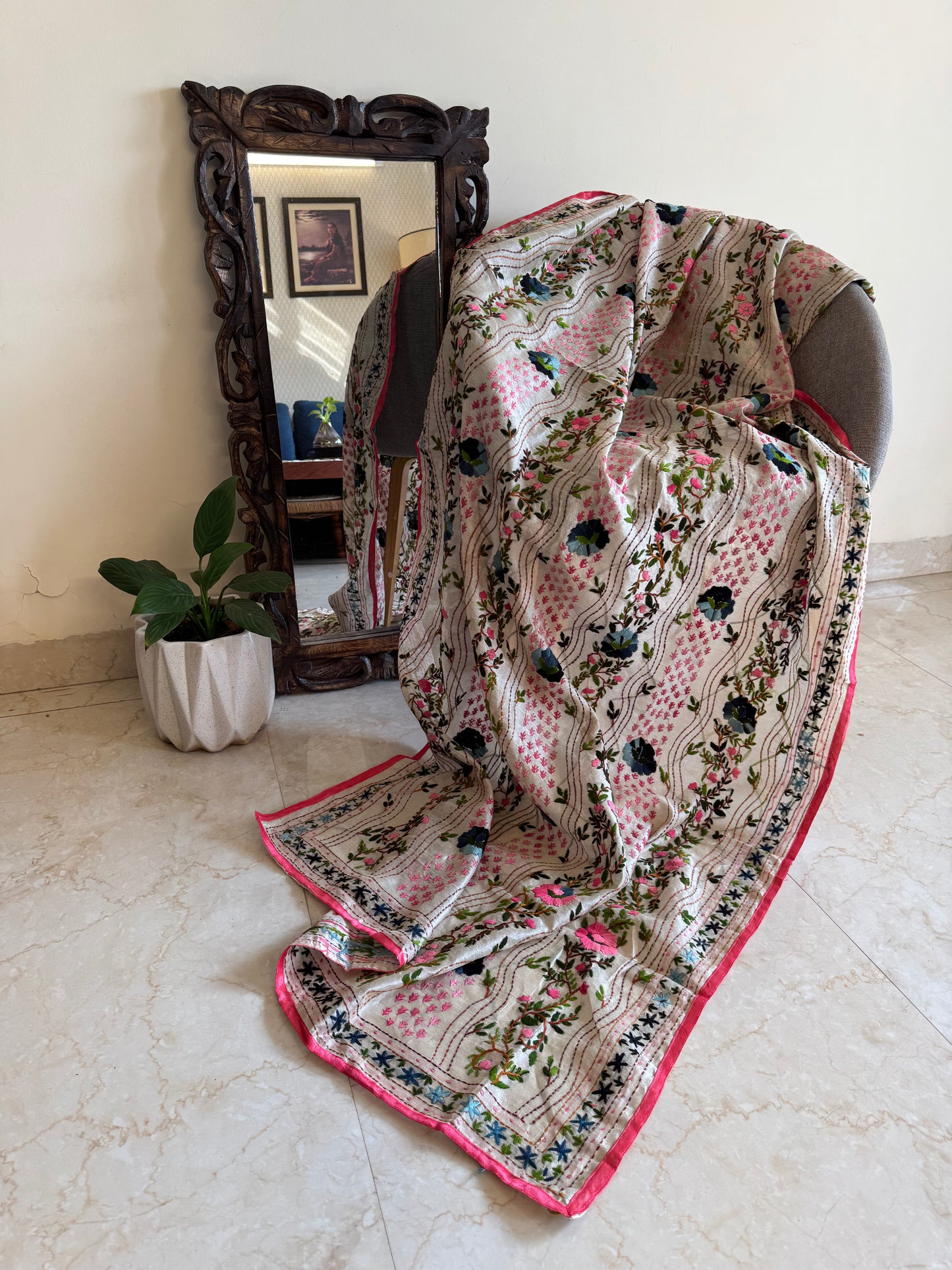 Off-White Chanderi Cotton Jaal Phulkari Dupatta