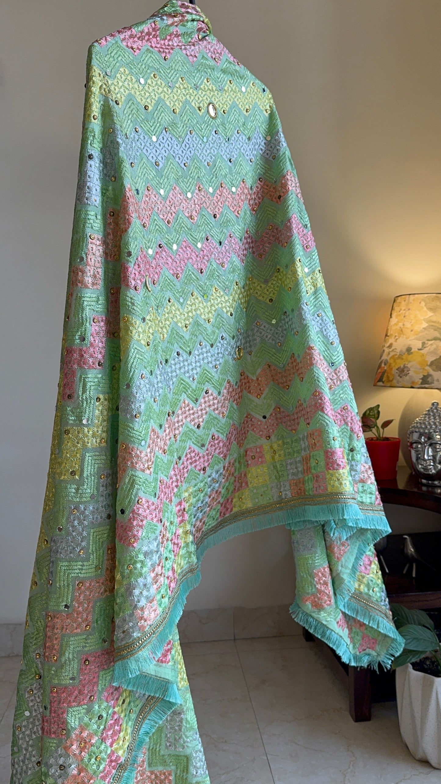 Mint Green Zigzag Pattern Phulkari Dupatta