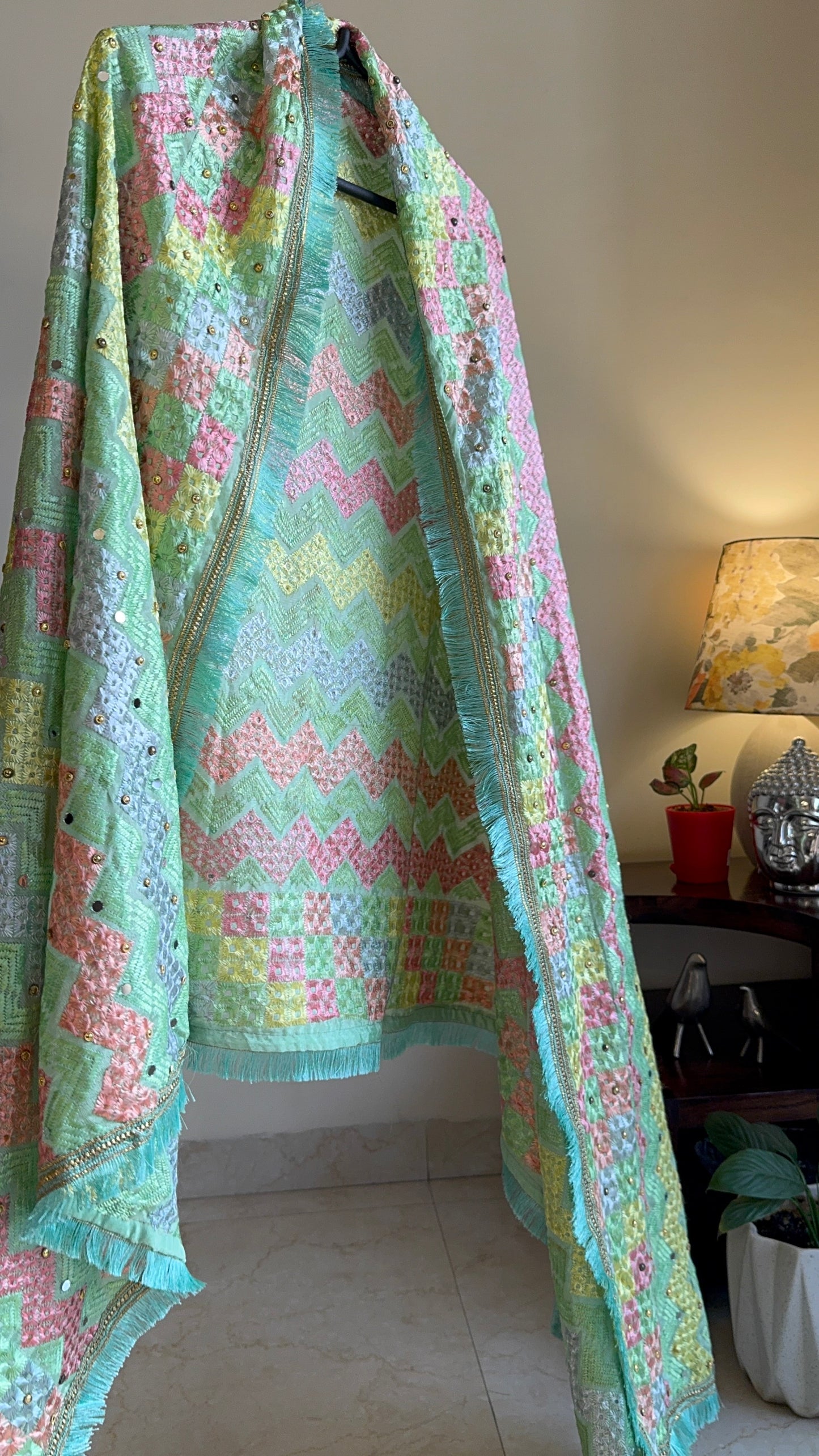 Mint Green Zigzag Pattern Phulkari Dupatta