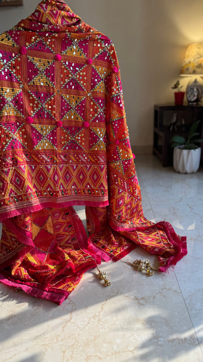 Multicolored Pom-Pom Phulkari Dupatta with Mirror Work