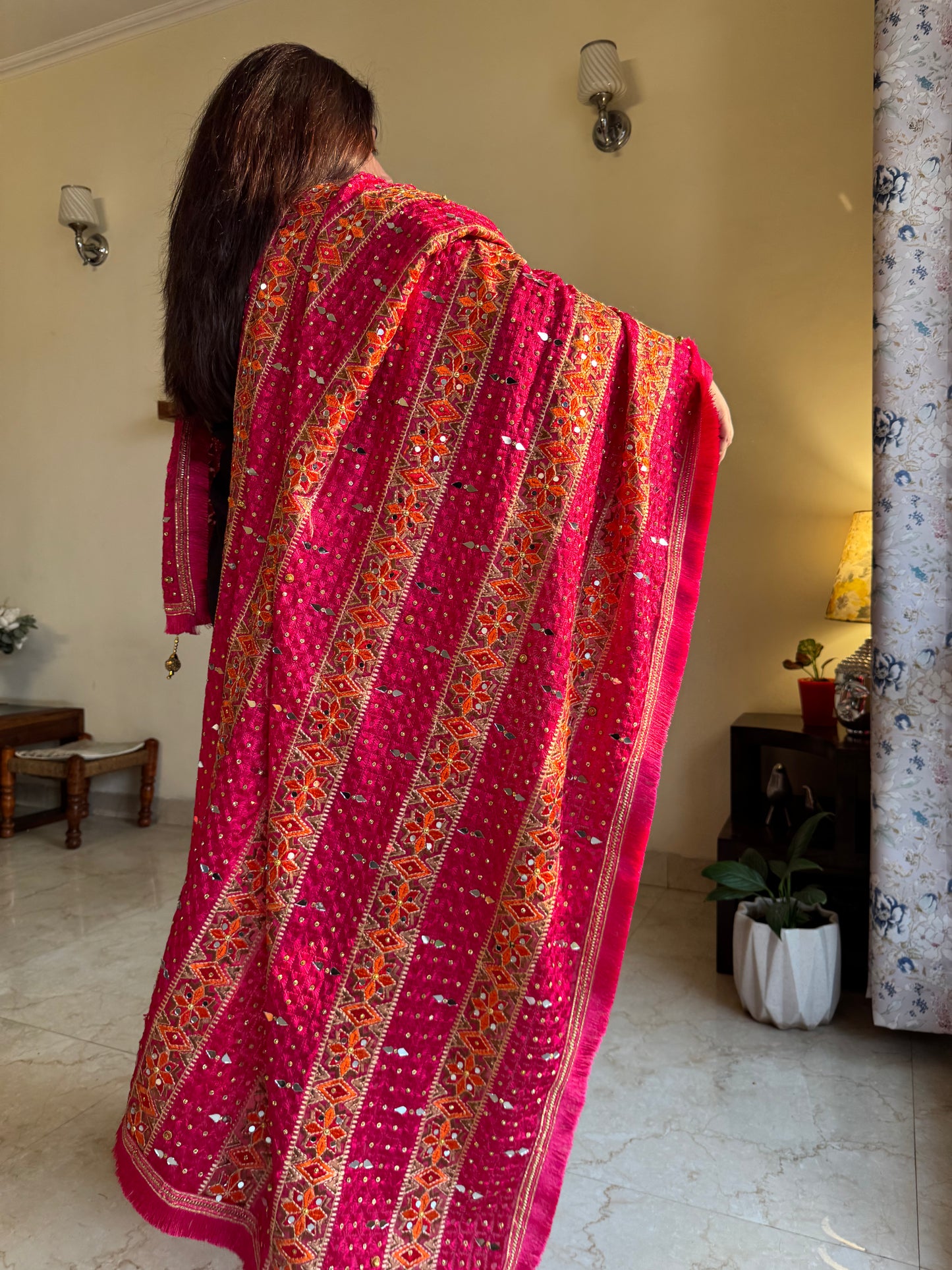 Magenta Floral Pattern Phulkari Dupatta with Mirror Work