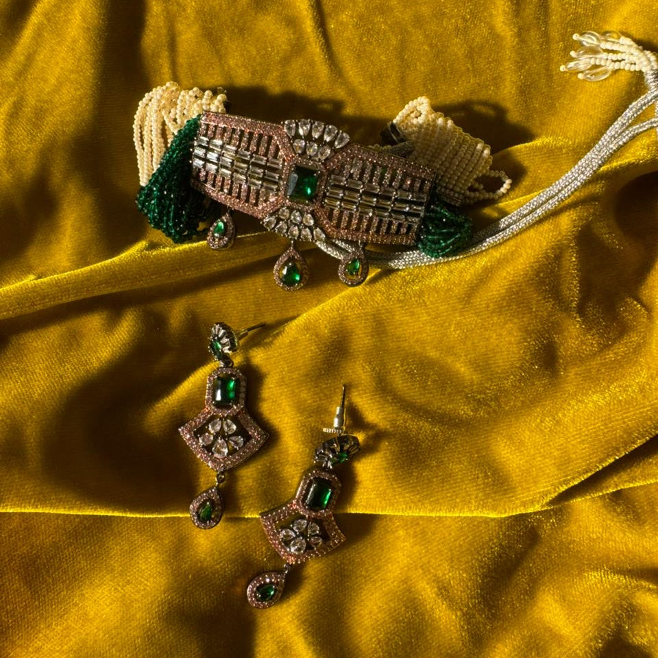 Rakhi Gift Edit for Sister - Zirconia Choker Set (Green)